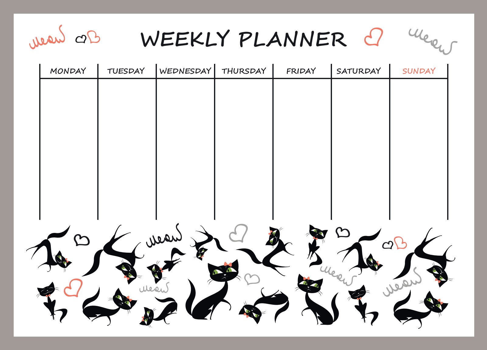 Магнітний планер А3 Розклад на тиждень 5 Коти eng